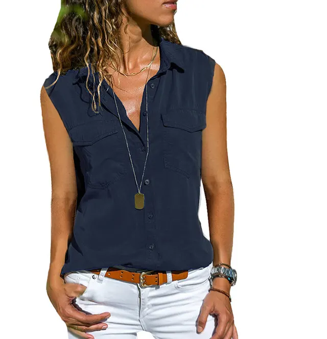Ladies Top Lapel Solid Color Sleeveless Shirt Navy Blue - Shop at LoveMi