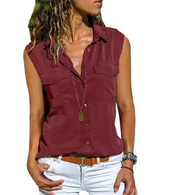 Ladies Top Lapel Solid Color Sleeveless Shirt Wine Red - Shop at LoveMi