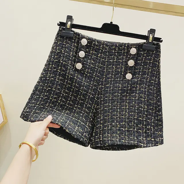 Temperament All Match Small Fragrance Wind Bright Silk Tweed High Waist Thin Double Breasted Shorts Wide Leg Pants Black - Shop at LoveMi
