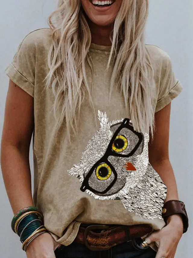 Short Sleeve Owl Print T Shirt Women Khaki - Shop at LoveMi