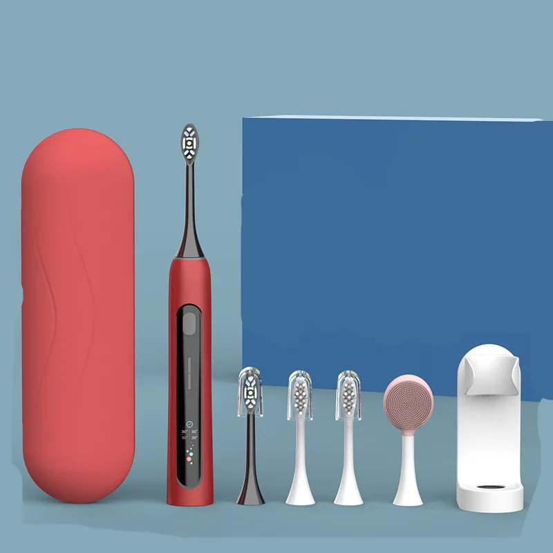 Vibrating Smart Whitening Electric Toothbrush Color Screen Display - Red
