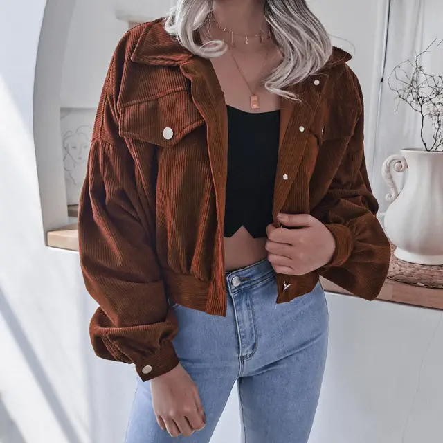 Lantern Long Sleeved Corduroy Casual Short Coat Jacket Brown - Shop at LoveMi
