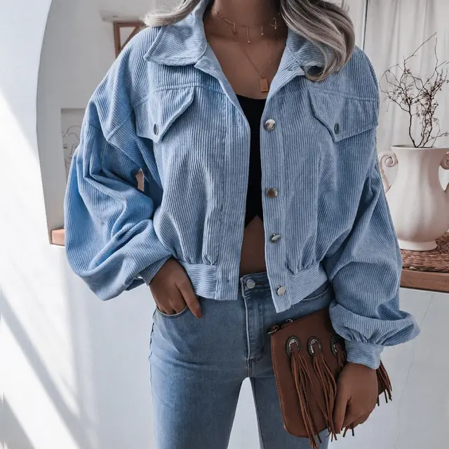 Lantern Long Sleeved Corduroy Casual Short Coat Jacket Cowboy Blue - Shop at LoveMi