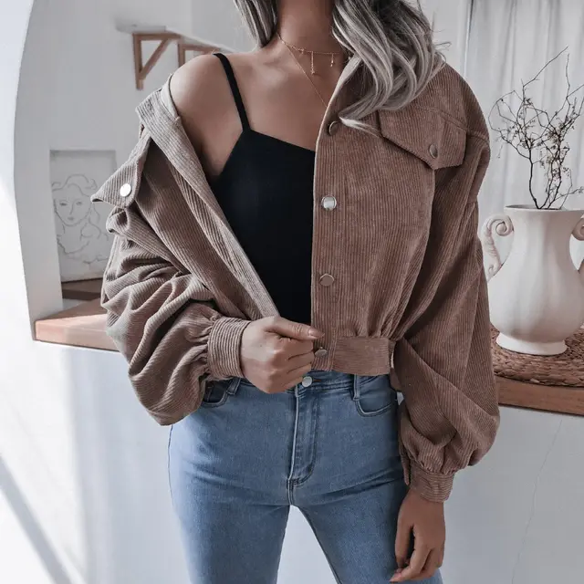 Lantern Long Sleeved Corduroy Casual Short Coat Jacket Khaki - Shop at LoveMi