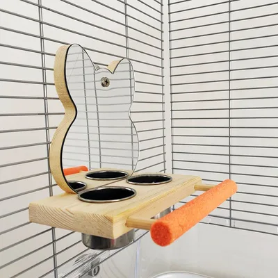 Parrot Puzzle Bird Toy Grinding Claw Stand Stainless Steel Food Cup Mirror Wood Color - Shop at LoveMi