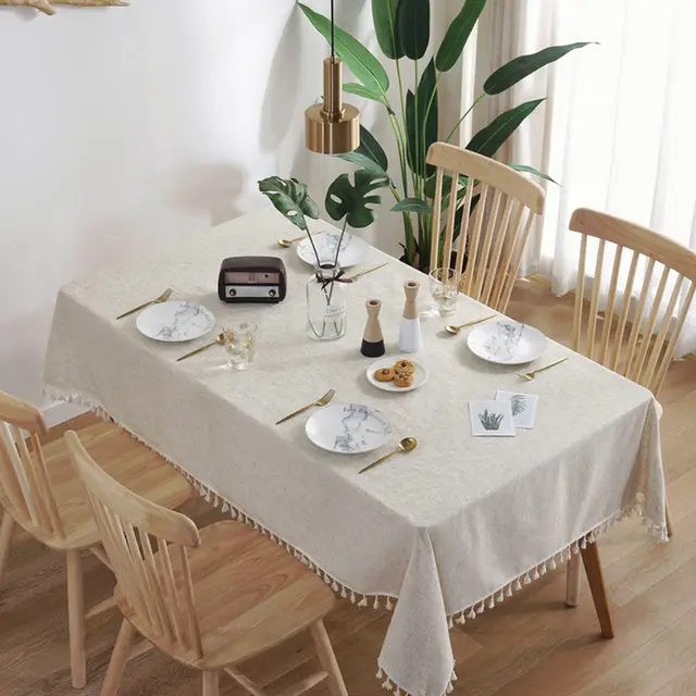 Nordic Simple Slub Hemp Solid Color Tassel Tablecloth Grigio Chiaro - Shop at LoveMi