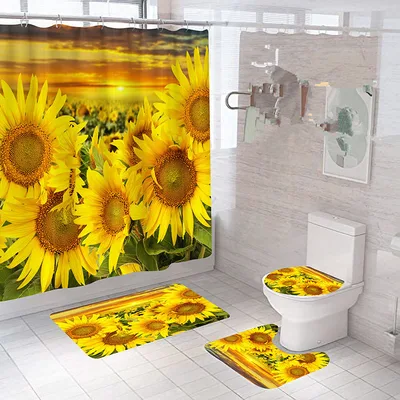 Polyester Printing Sunflower Shower Curtain Bathroom Waterproof Shower Curtain Non slip Mat Floor Mat Four piece Set - Shop at LoveMi