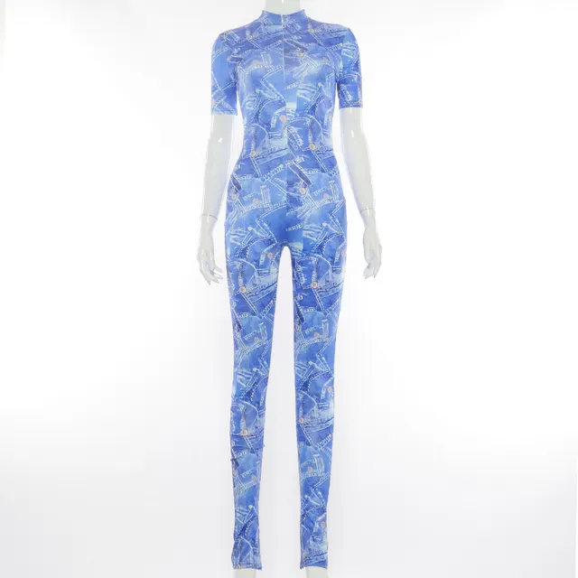 Tie dye Denim Print Round Neck Short sleeved Jumpsuit Blue - Shop at LoveMi
