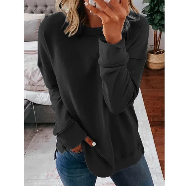 Casual Round Neck Loose Solid Color Long sleeved T shirt Black - Shop at LoveMi
