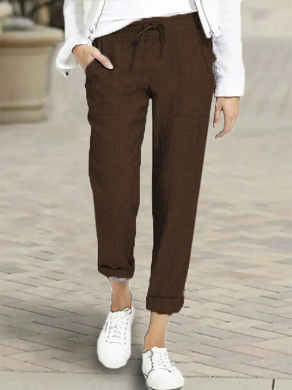 Drawstring High Waist Pocket Loose Large Size Cotton and Linen Casual Pants - Brown