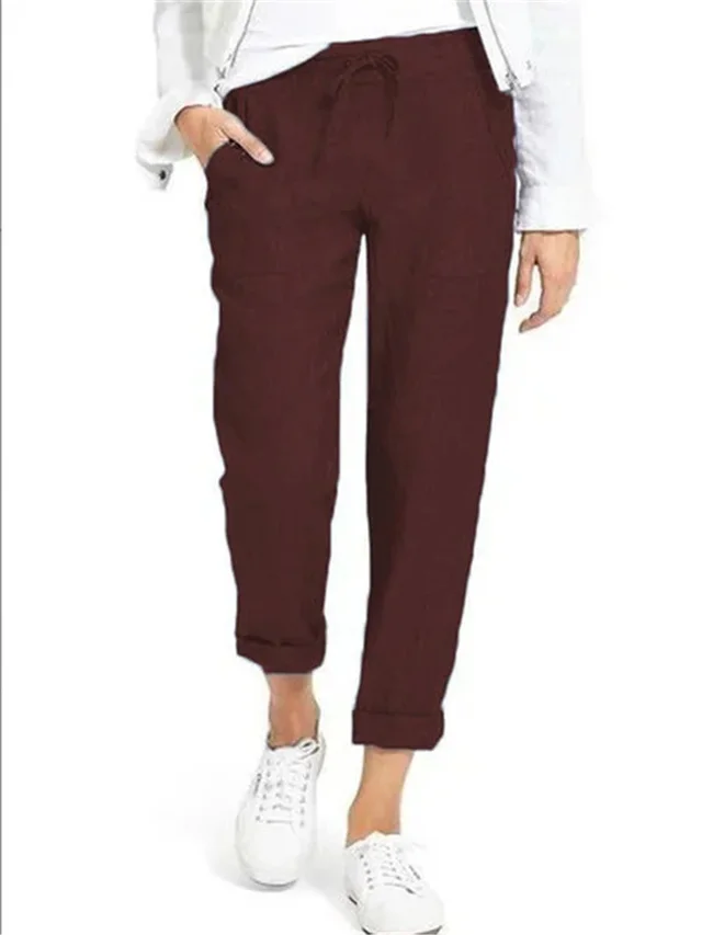 Drawstring High Waist Pocket Loose Large Size Cotton and Linen Casual Pants Wine Red - Shop at LoveMi