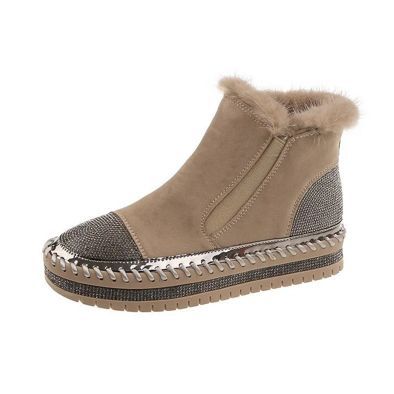 Autumn And Winter Fashion Rhinestone And Velvet Warm Snow Boots Khaki - Shop at LoveMi