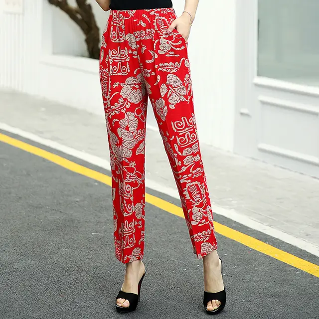 Summer Casual Women's Elastic High Waist Cotton Twist Pants Thin Section Red - Shop at LoveMi