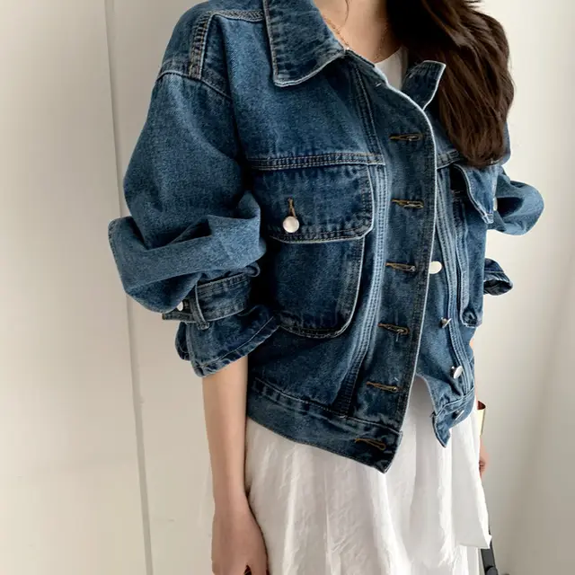 Falling Shoulders, Long Sleeves, Loose And Thin, Washed All Match Lapel Denim Jacket Dark Blue - Shop at LoveMi