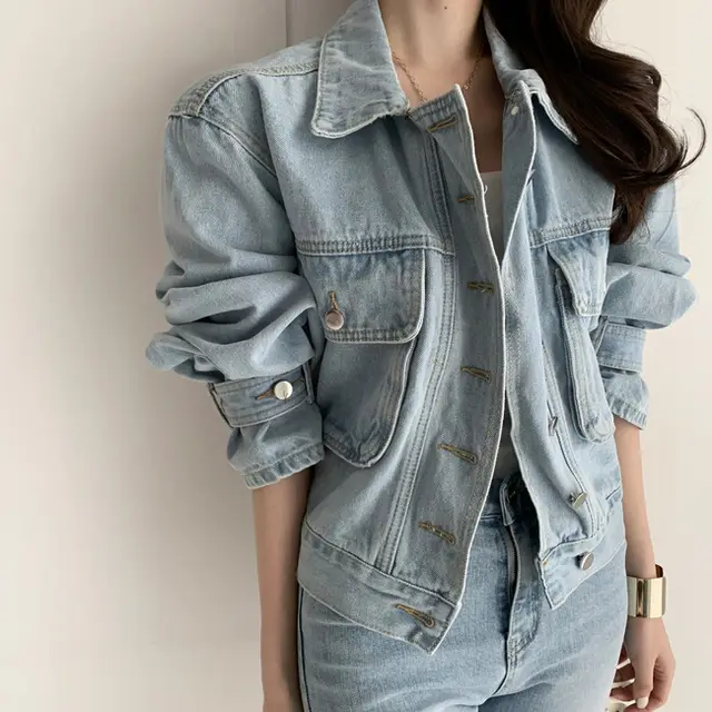 Falling Shoulders, Long Sleeves, Loose And Thin, Washed All Match Lapel Denim Jacket Light Blue - Shop at LoveMi