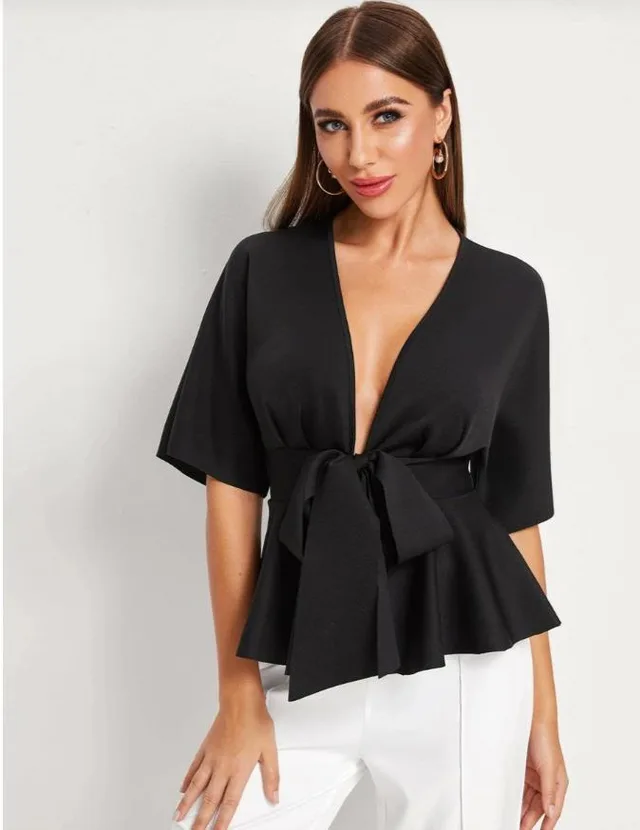 Women's Deep V Sexy Ruffled Hem Belt Shirt OL Temperament Simple Shirt Black - Shop at LoveMi