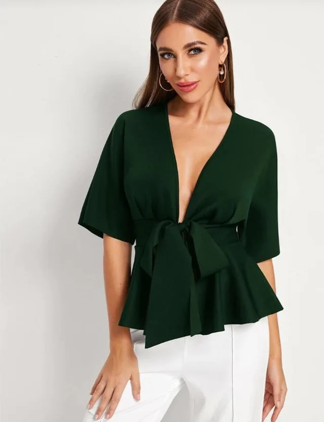 Women's Deep V Sexy Ruffled Hem Belt Shirt OL Temperament Simple Shirt Green - Shop at LoveMi