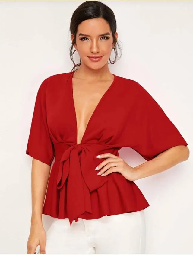 Women's Deep V Sexy Ruffled Hem Belt Shirt OL Temperament Simple Shirt Red - Shop at LoveMi