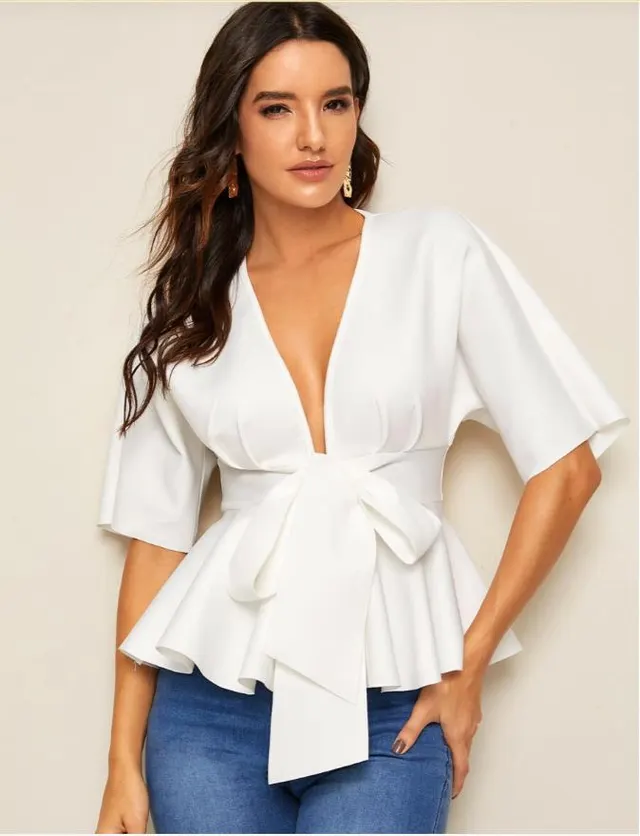 Women's Deep V Sexy Ruffled Hem Belt Shirt OL Temperament Simple Shirt White - Shop at LoveMi