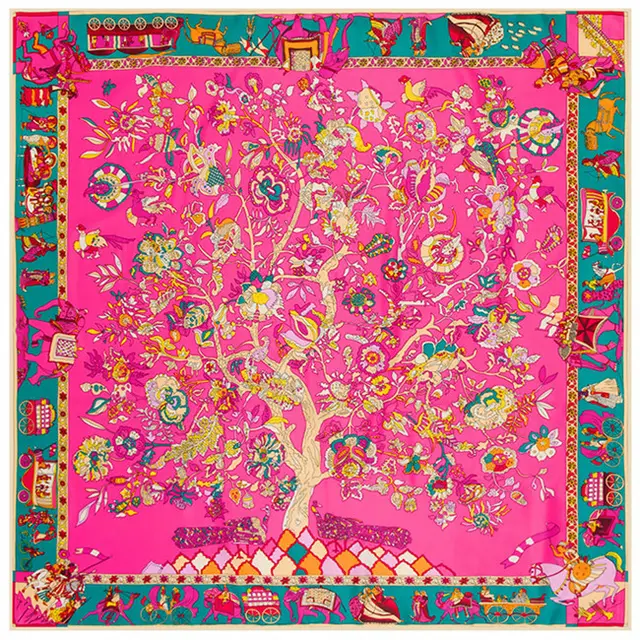 130cm Fortune Tree Tree Of Life Ethnic Flower Pattern Ladies Twill Scarf Travel Scarf Rose Red - Shop at LoveMi
