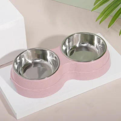 Pet Cat Diet Drinking Bowl Wheat Straw Pet Double Bowl Cute Cat Bowl Pink - Shop at LoveMi