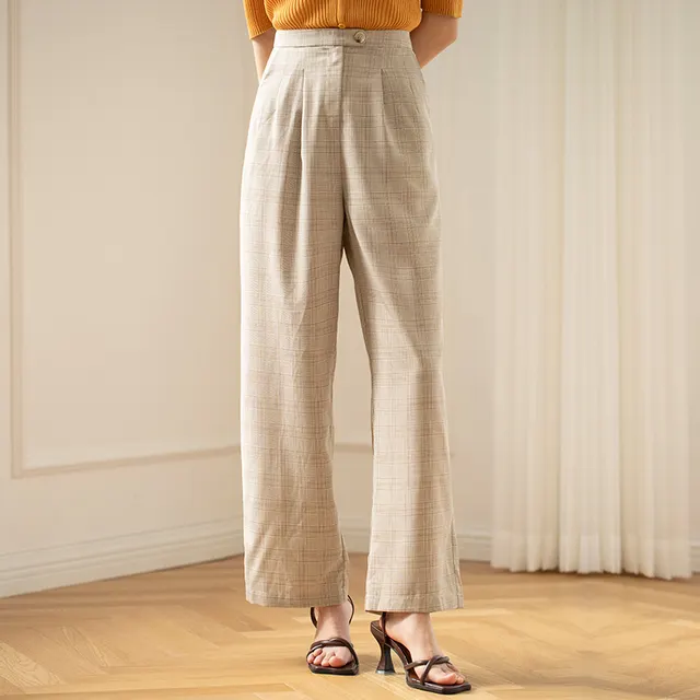 Plaid Wide Leg Pants Women High Waist Spring Apricot - Shop at LoveMi