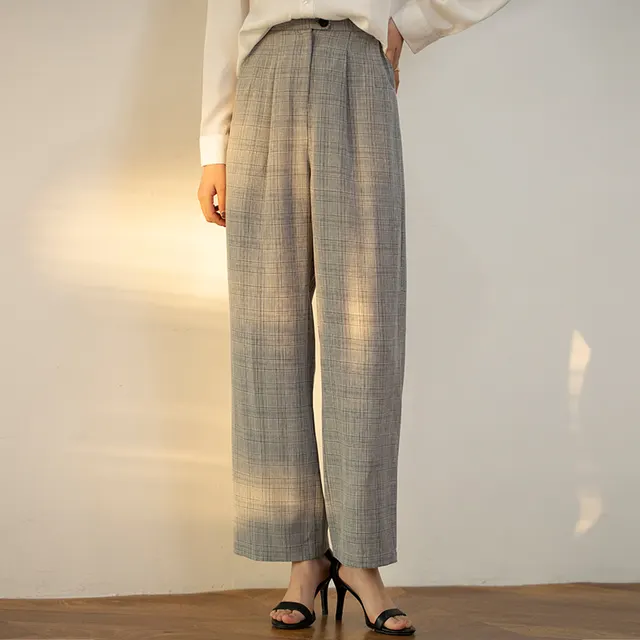 Plaid Wide Leg Pants Women High Waist Spring Grey - Shop at LoveMi