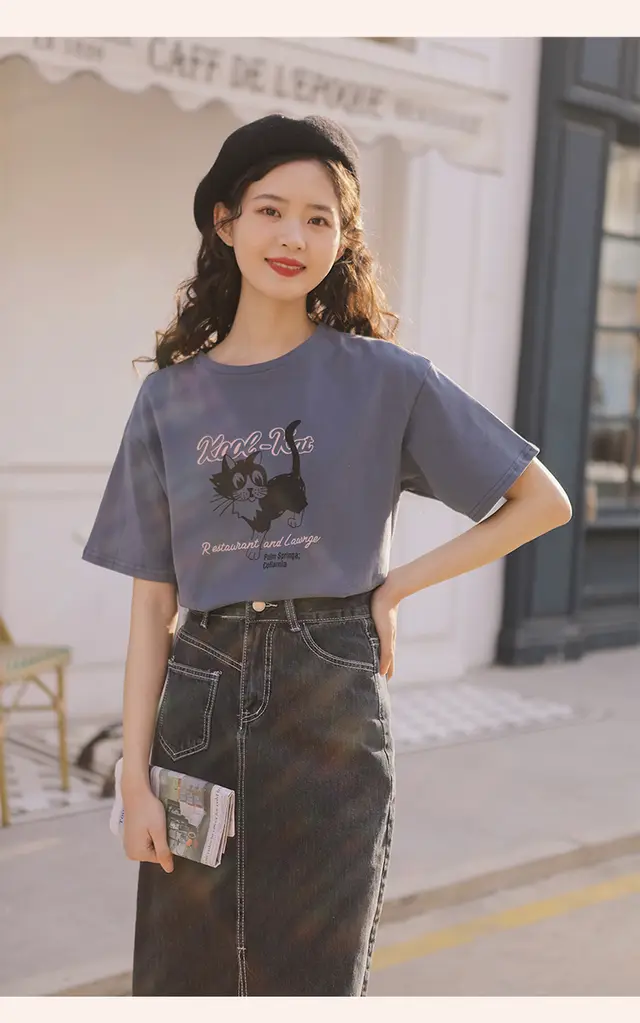 Linjou Lingjiu New Red Short Sleeve T Shirt Women"s Summer Dress Loose Retro Print T Shirt Blue - Shop at LoveMi