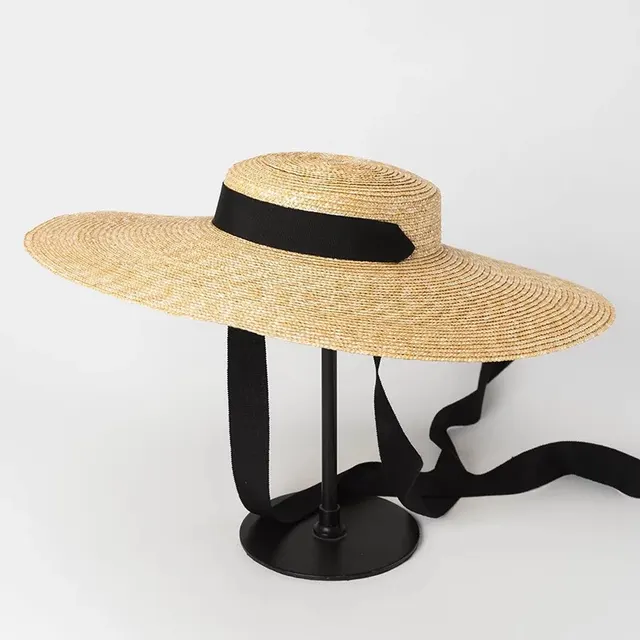 European And American Style Simple Fashion Strap Straw Flat Top Straw Hat Travel Sunscreen Beach Sunshade Straw Straw Hat Hat Black - Shop at LoveMi