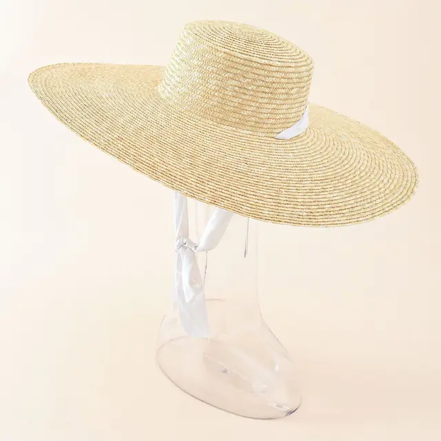 European And American Style Simple Fashion Strap Straw Flat Top Straw Hat Travel Sunscreen Beach Sunshade Straw Straw Hat Hat Cream Color White R... Cream Color White Ribbon - Shop at LoveMi