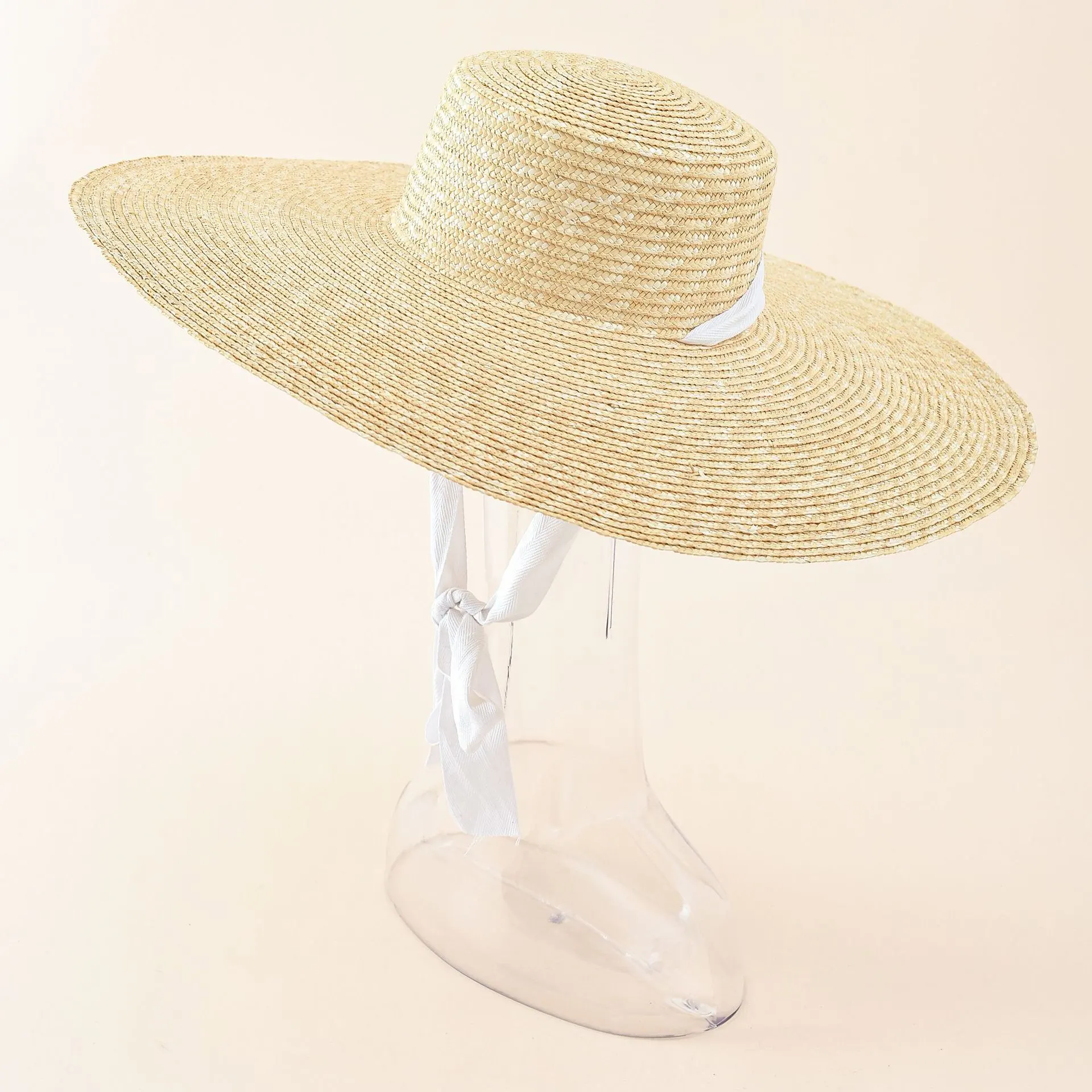 European And American Style Simple Fashion Strap Straw Flat Top Straw Hat Travel Sunscreen Beach Sunshade Straw Straw Hat Hat - Cream Color White R... - View 1