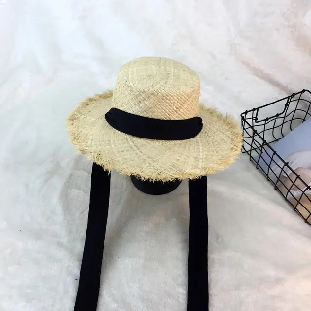 Flat top raffia large edge burred cotton ribbons with sunshade and sunscreen straw hat vacation beach hat tide Black - Shop at LoveMi
