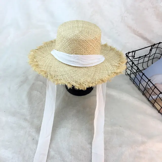 Flat top raffia large edge burred cotton ribbons with sunshade and sunscreen straw hat vacation beach hat tide White - Shop at LoveMi