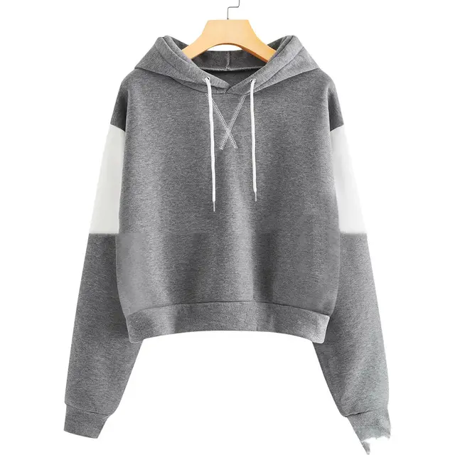 Hooded Color Blocking Cropped Long Sleeved Women's Ribbed Top And Fleece Sweater Grey - Shop at LoveMi