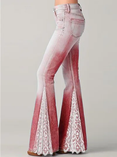 Fashion Gradient Lace Stitching Ruffled Jeans Flared Pants Red - Shop at LoveMi