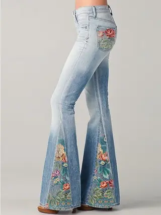 Spring New Fashion Gradient Color Flower Print Jeans Flared Pants - Blue