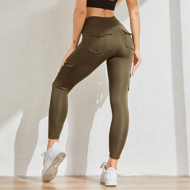 NORMOV Workout Women Leggings Casual Patchwork Pocket High Waist Push Up Cargo Pants Jeggings Solid Fitness Leggings Female Green - Shop at LoveMi