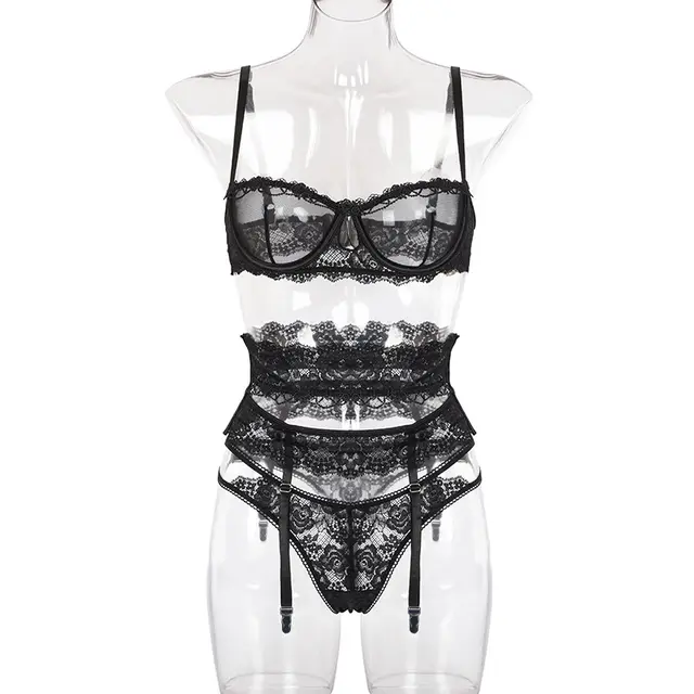Yimunancy 3 piece Lingerie Set Women Transparent Sexy Bra Set Ladies Lace Lingerie Intimates Underwear Set Black - Shop at LoveMi