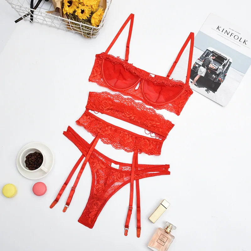 Yimunancy 3-piece Lingerie Set Women Transparent Sexy Bra Set Ladies Lace Lingerie Intimates Underwear Set - Red