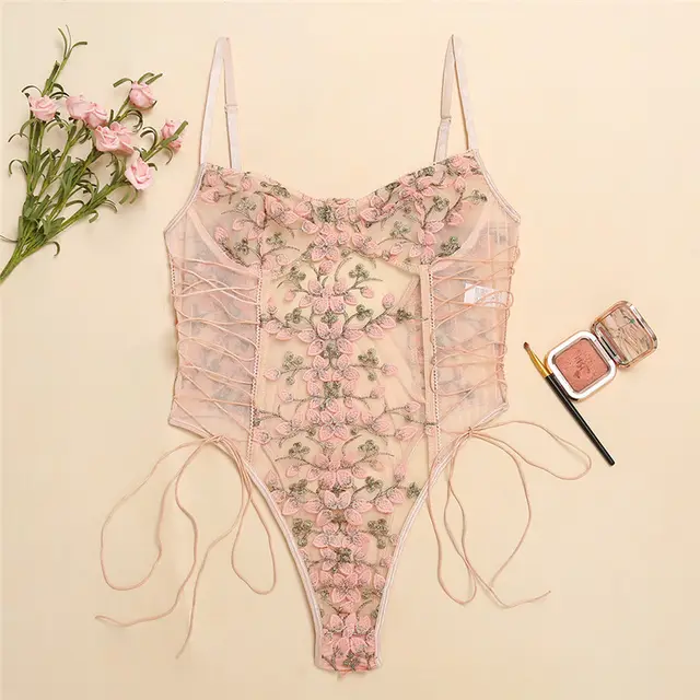 Sensual Lace Mesh See through Embroidery Strappy Bodysuit Pink - Shop at LoveMi