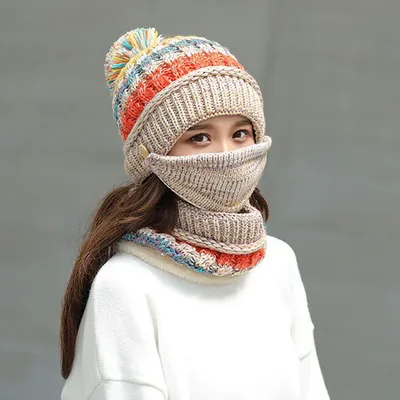 All match Warm Knitted Hat Mask And Scarf Three Piece Set Beige - Shop at LoveMi