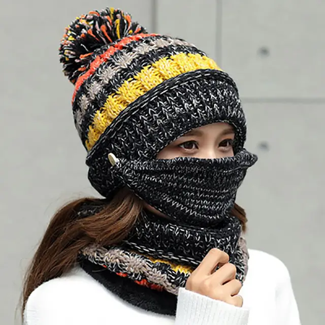 All match Warm Knitted Hat Mask And Scarf Three Piece Set Black - Shop at LoveMi
