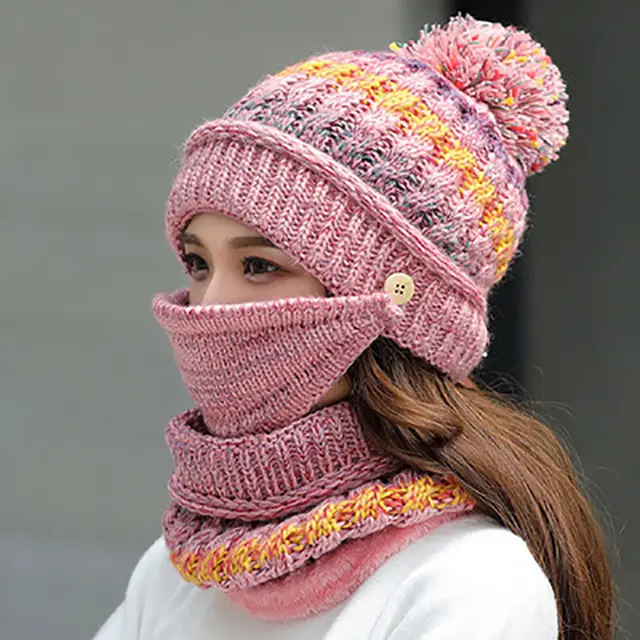All match Warm Knitted Hat Mask And Scarf Three Piece Set Pink - Shop at LoveMi