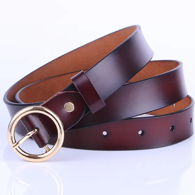 Leather Belt Female Round Head Pin Buckle Coffee - Shop at LoveMi