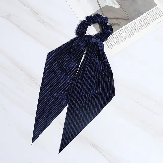 Corduroy Solid Color Long Streamer Hair Circle Navy Blue - Shop at LoveMi
