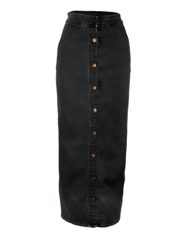 Long Stretch Button Denim Bag Hip Skirt Black - Shop at LoveMi