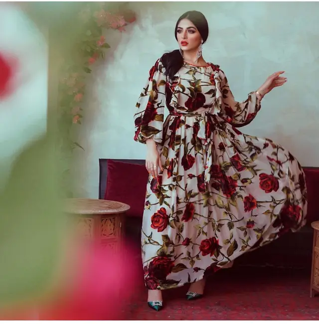 Middle Eastern Turkey Ruffled Rose Printed Bohemian Dress Rose Print - Shop at LoveMi