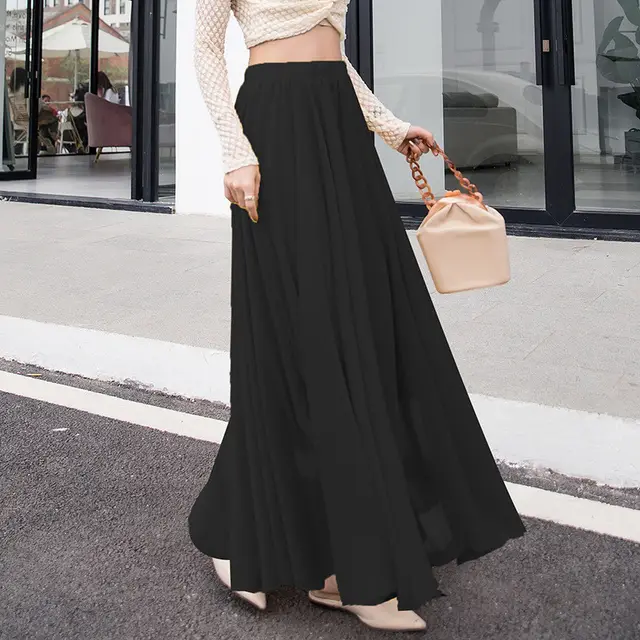 Chiffon Skirt Mid length Plus Size Elastic Waist Elegant Skirt Black - Shop at LoveMi