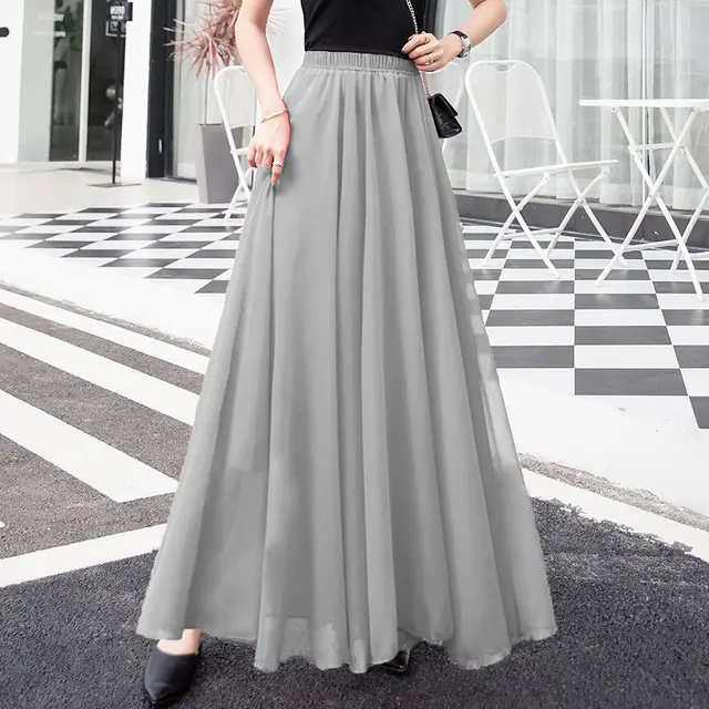 Chiffon Skirt Mid length Plus Size Elastic Waist Elegant Skirt Grey - Shop at LoveMi