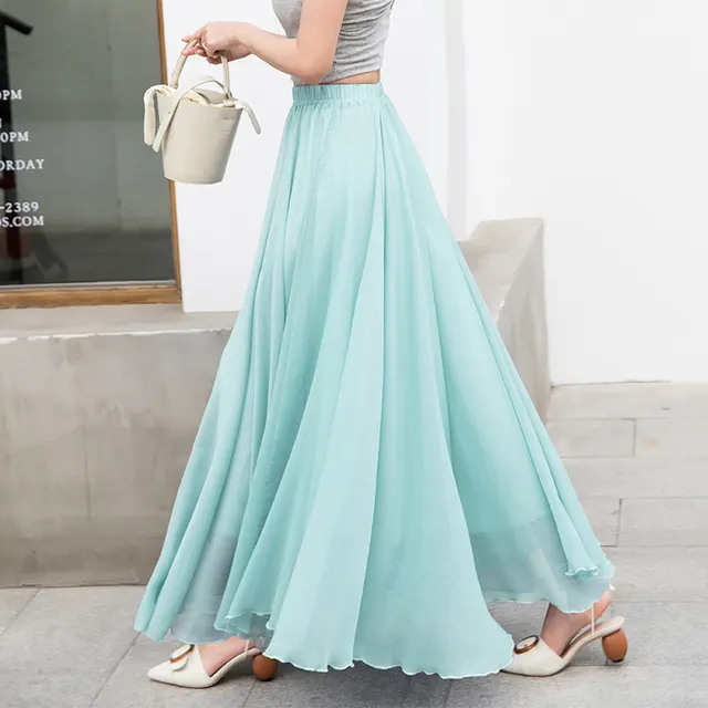 Chiffon Skirt Mid length Plus Size Elastic Waist Elegant Skirt Light Green - Shop at LoveMi